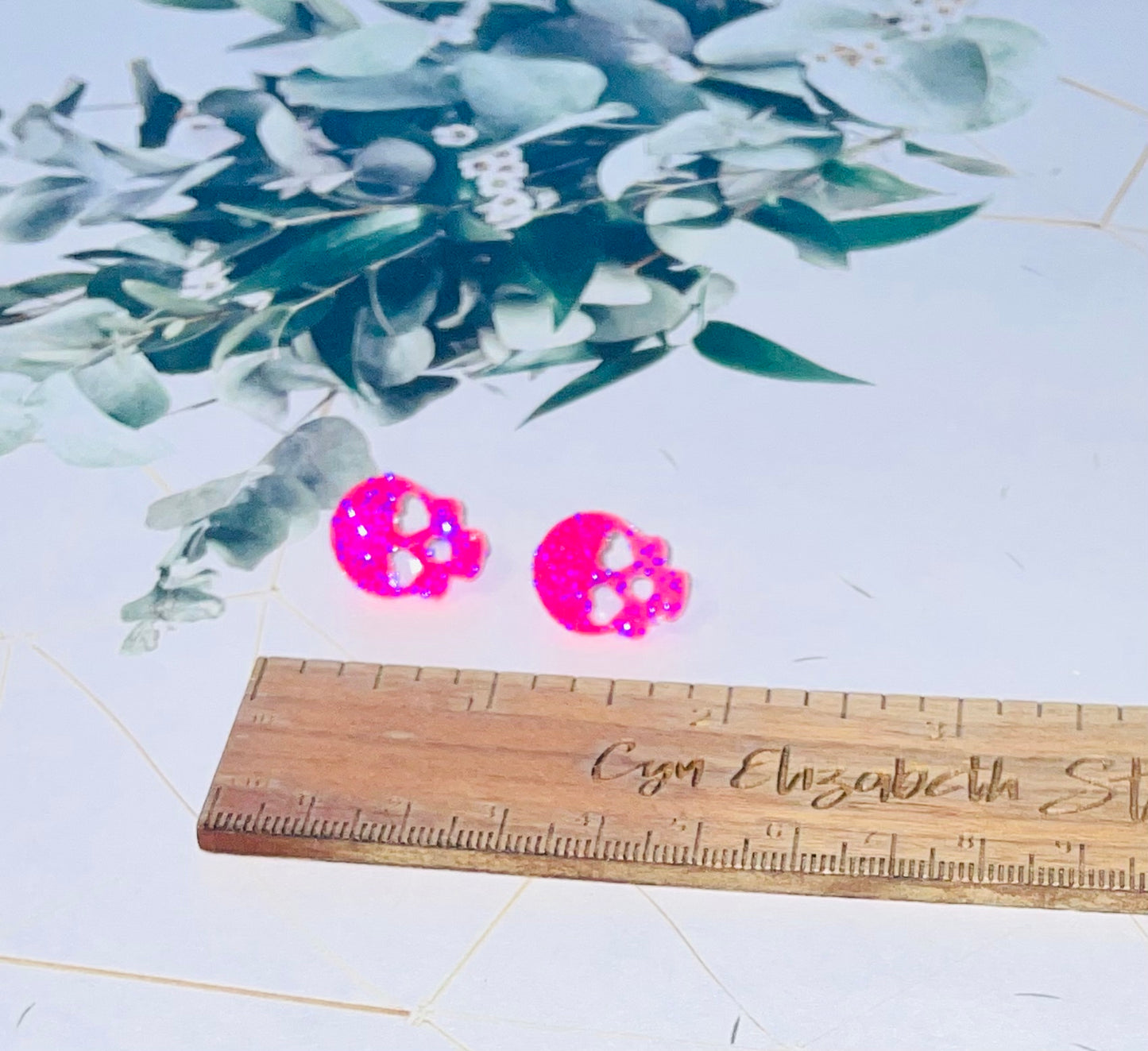Neon Pink Skull Glitter Stud Earrings
