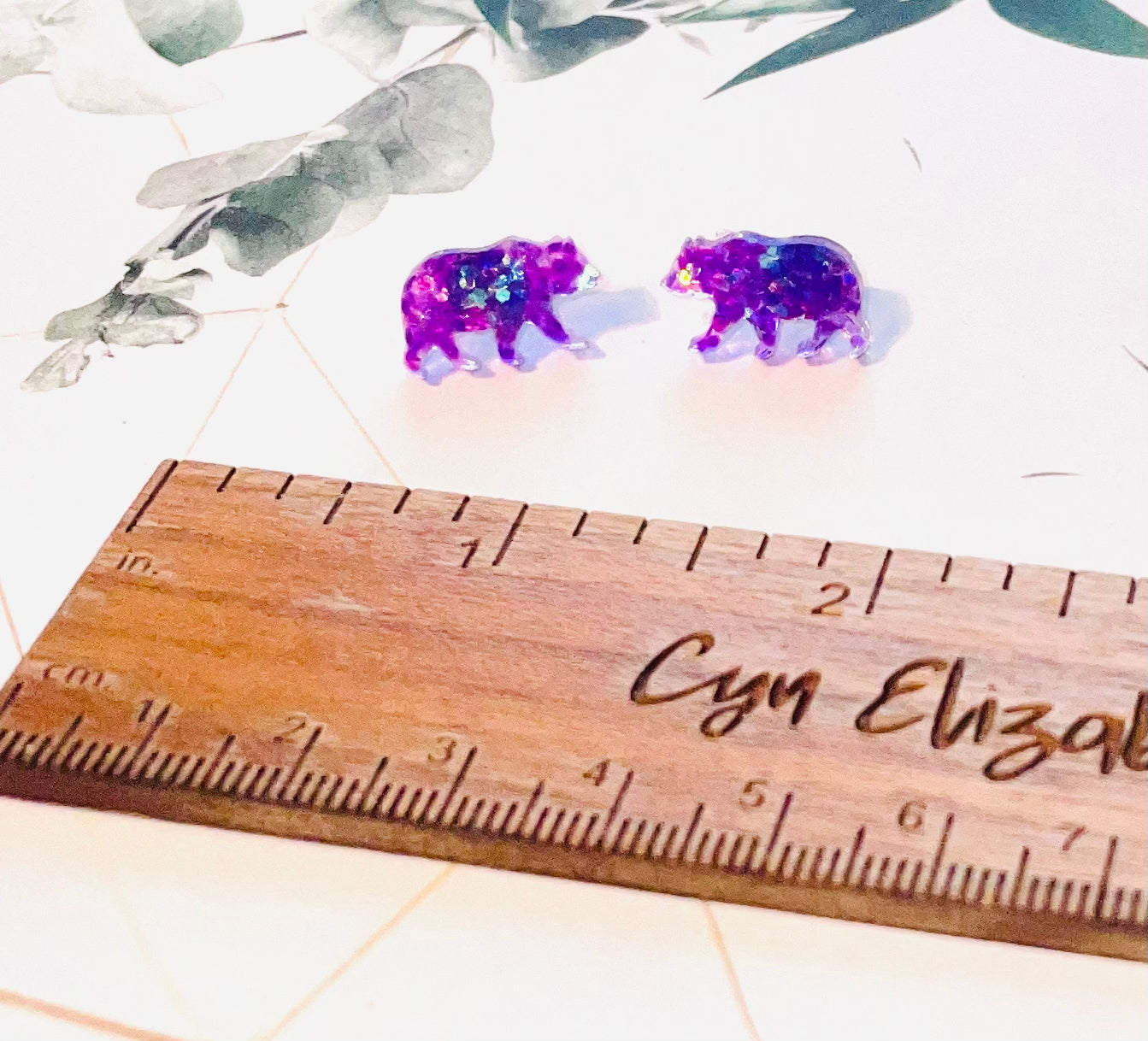 Purple Bear Glitter Stud Earrings