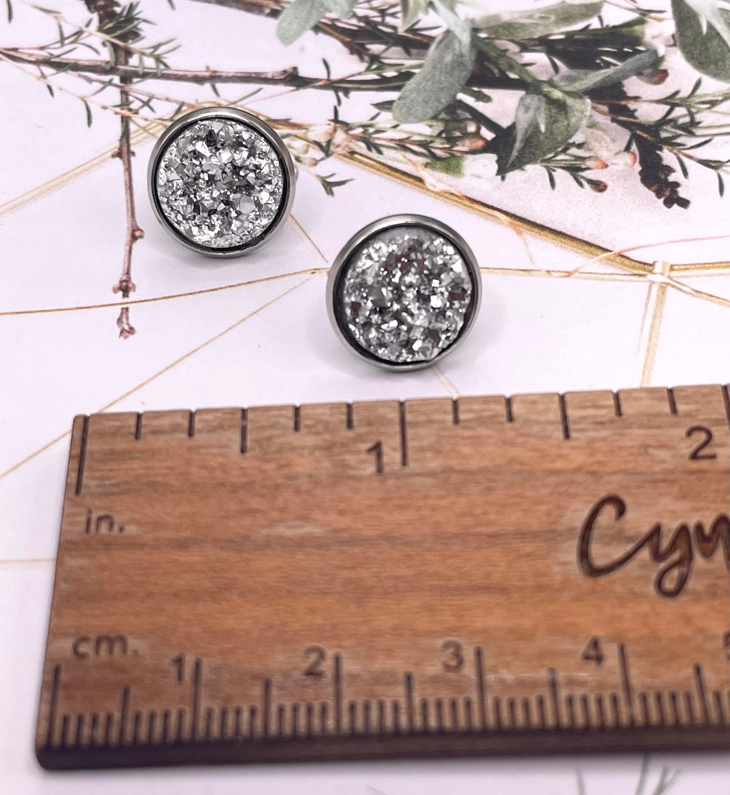 Silver Faux Druzy Stud Earrings