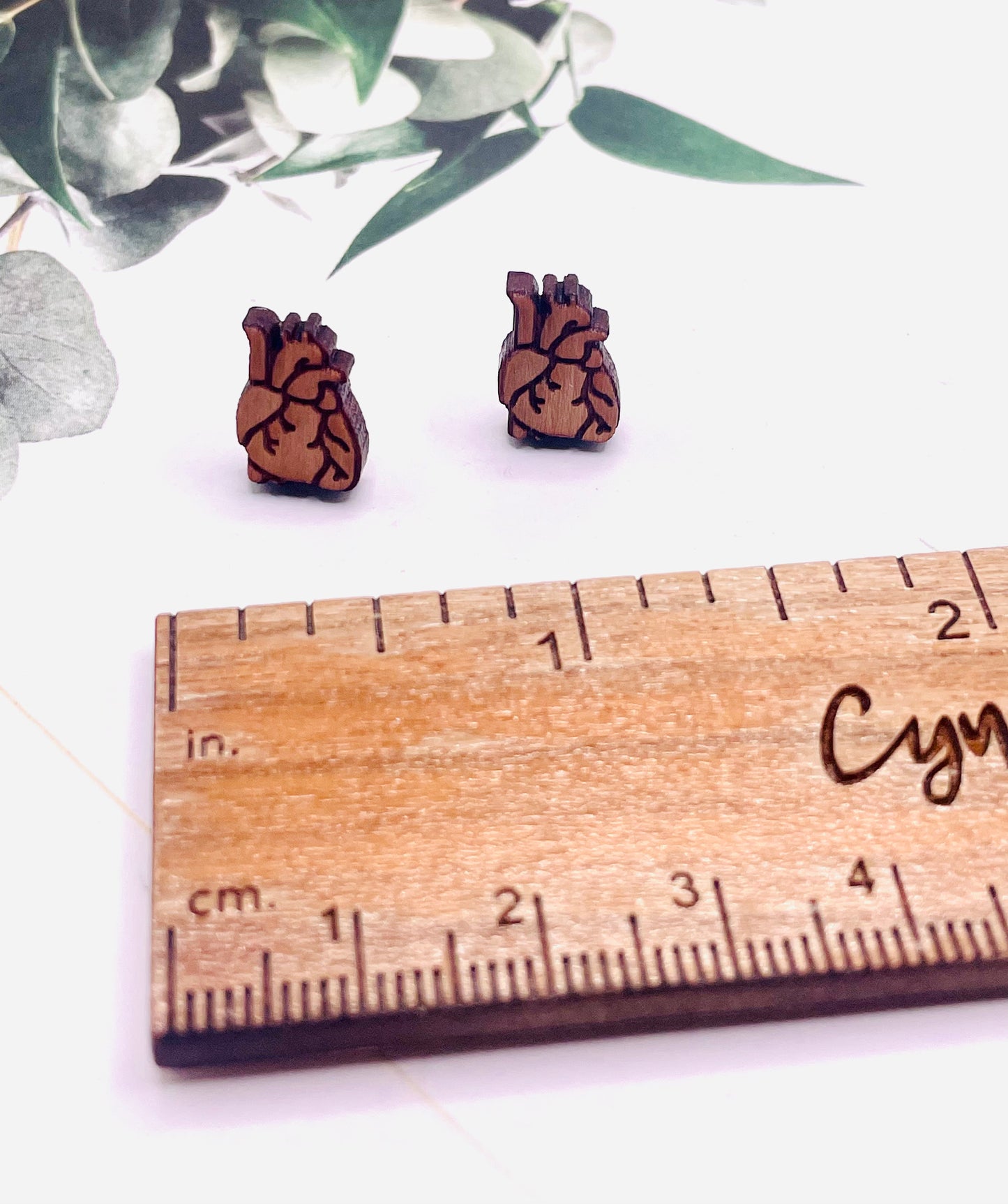Anatomical Heart Wood Stud Earrings