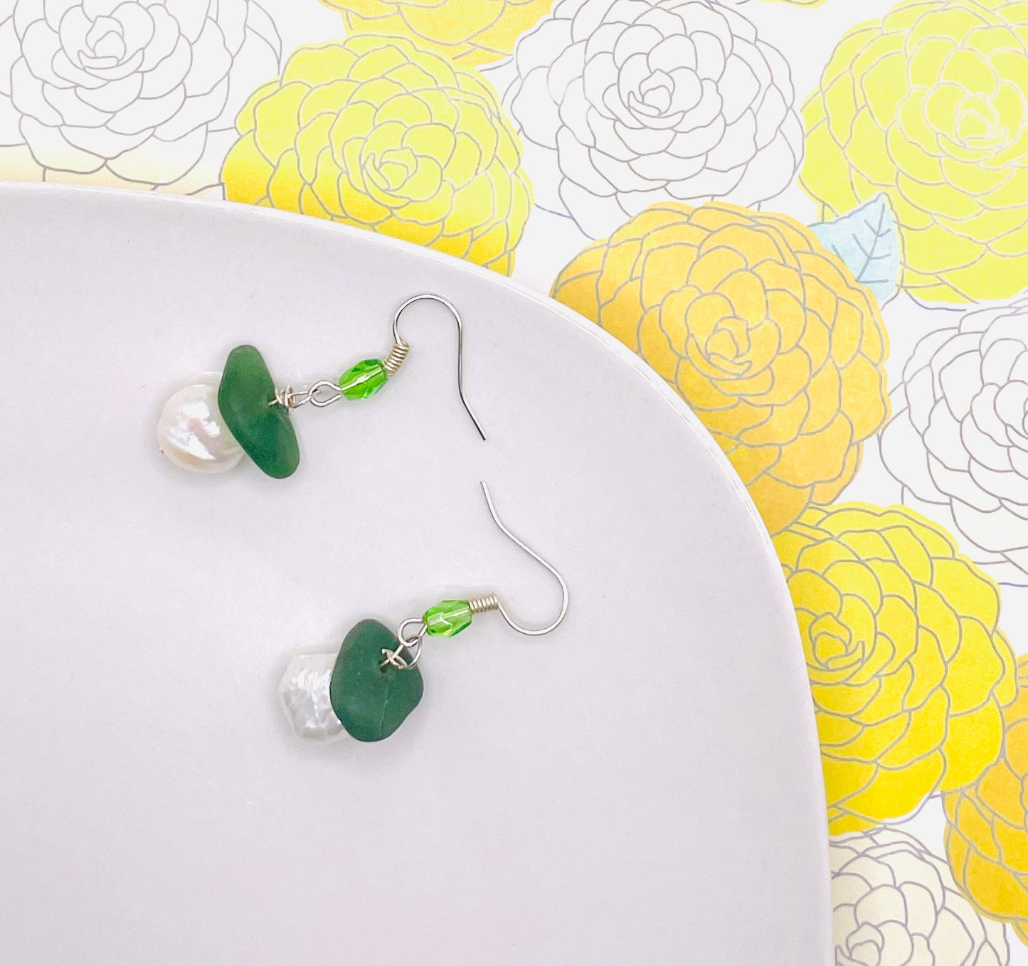 Green Sea Glass and Pearl Earrings