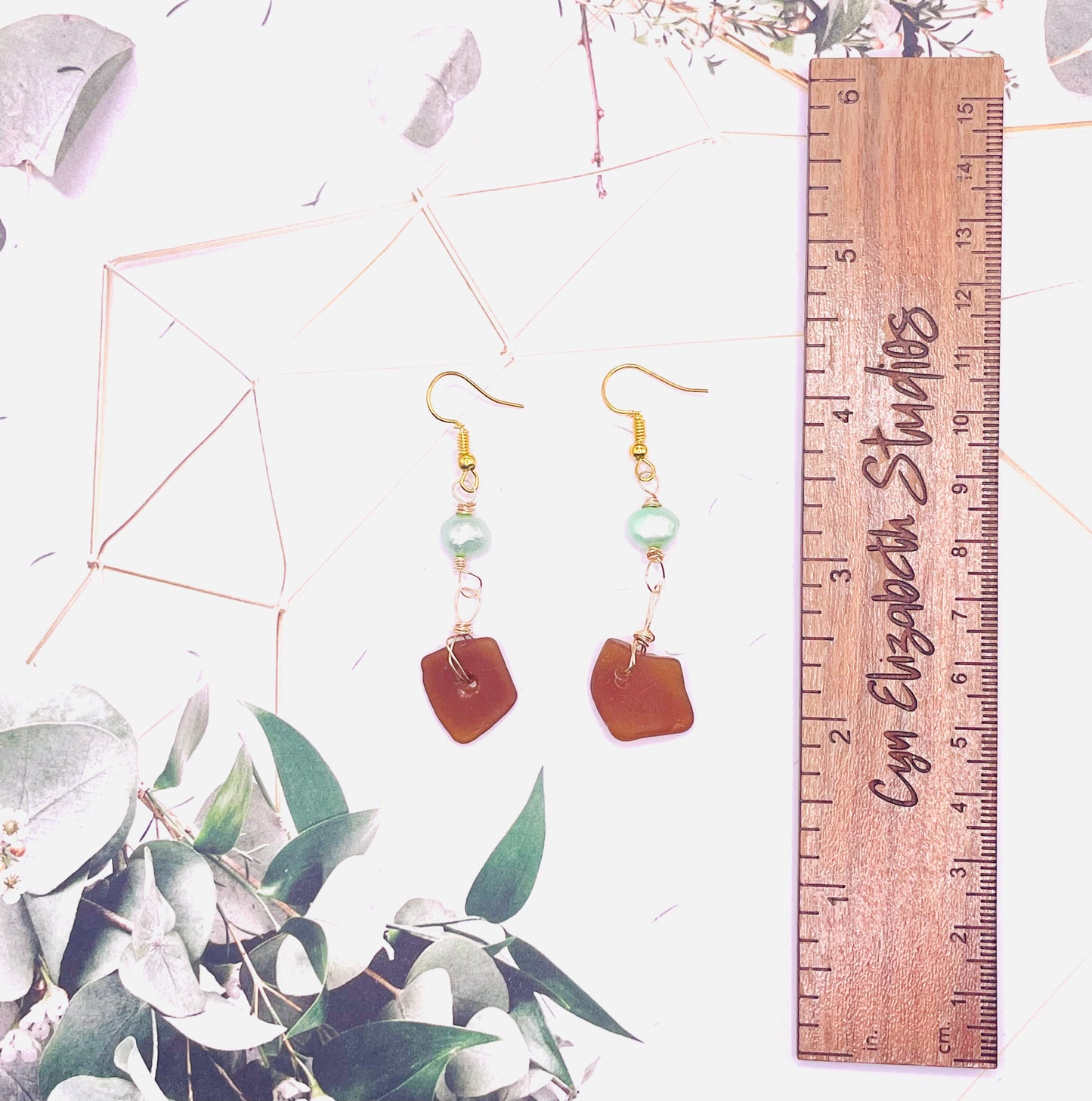 Amber Sea Glass and Pearl Earrings