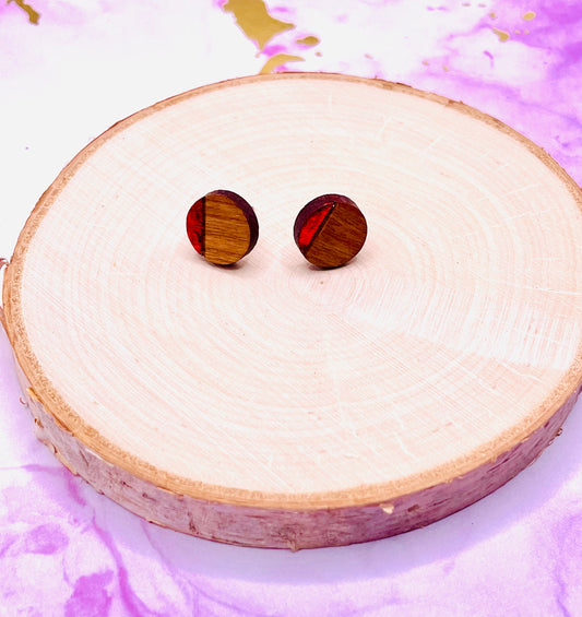 Round Red Leaf and Wood Stud Earrings