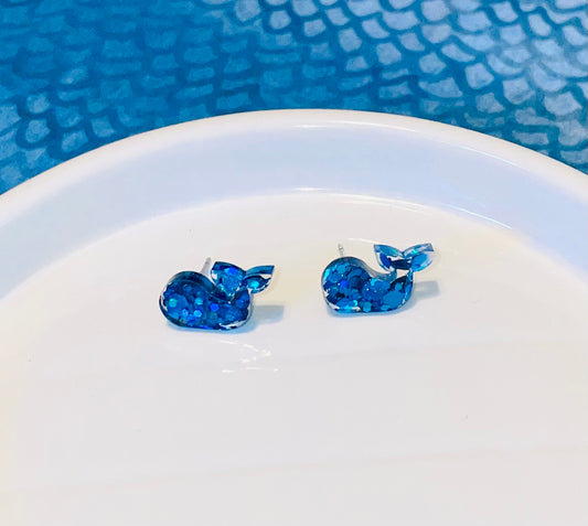Blue Whale Glitter Stud Earrings