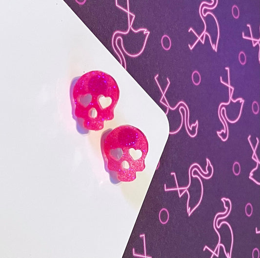 Neon Pink Skull Glitter Stud Earrings