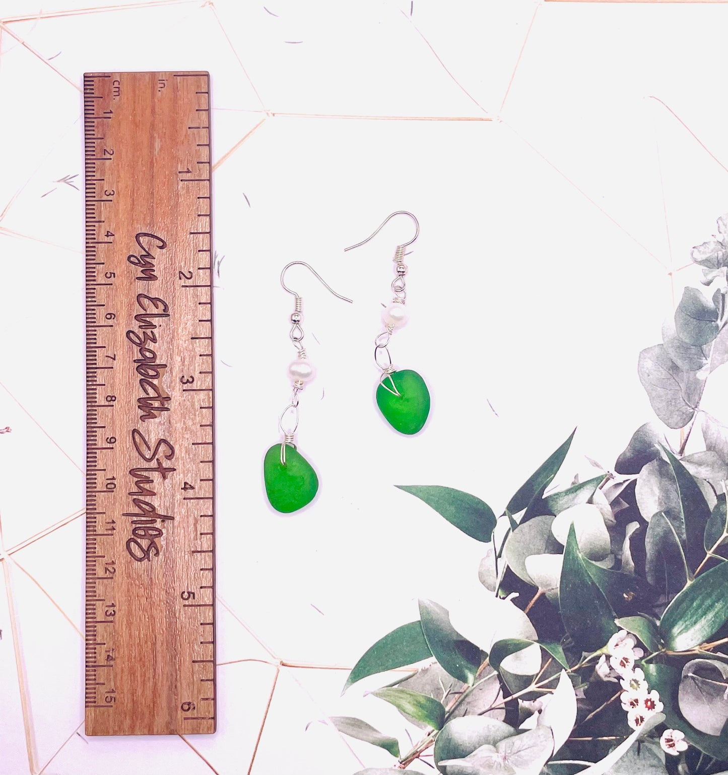 Green Sea Glass and Pearl Earrings