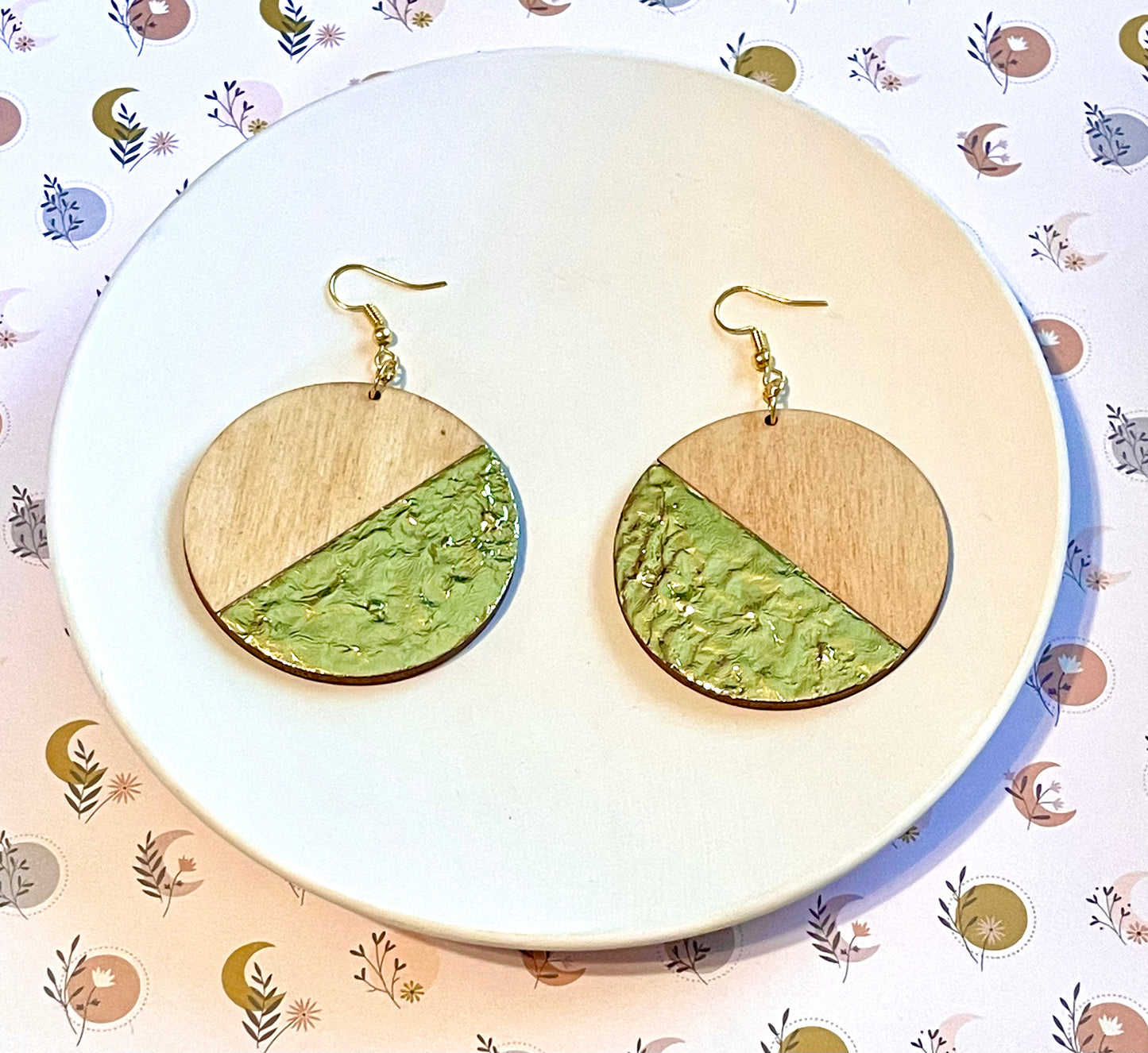 Round Gold Leaf Wood Earrings