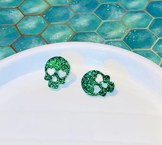 Green Skull Glitter Stud Earrings