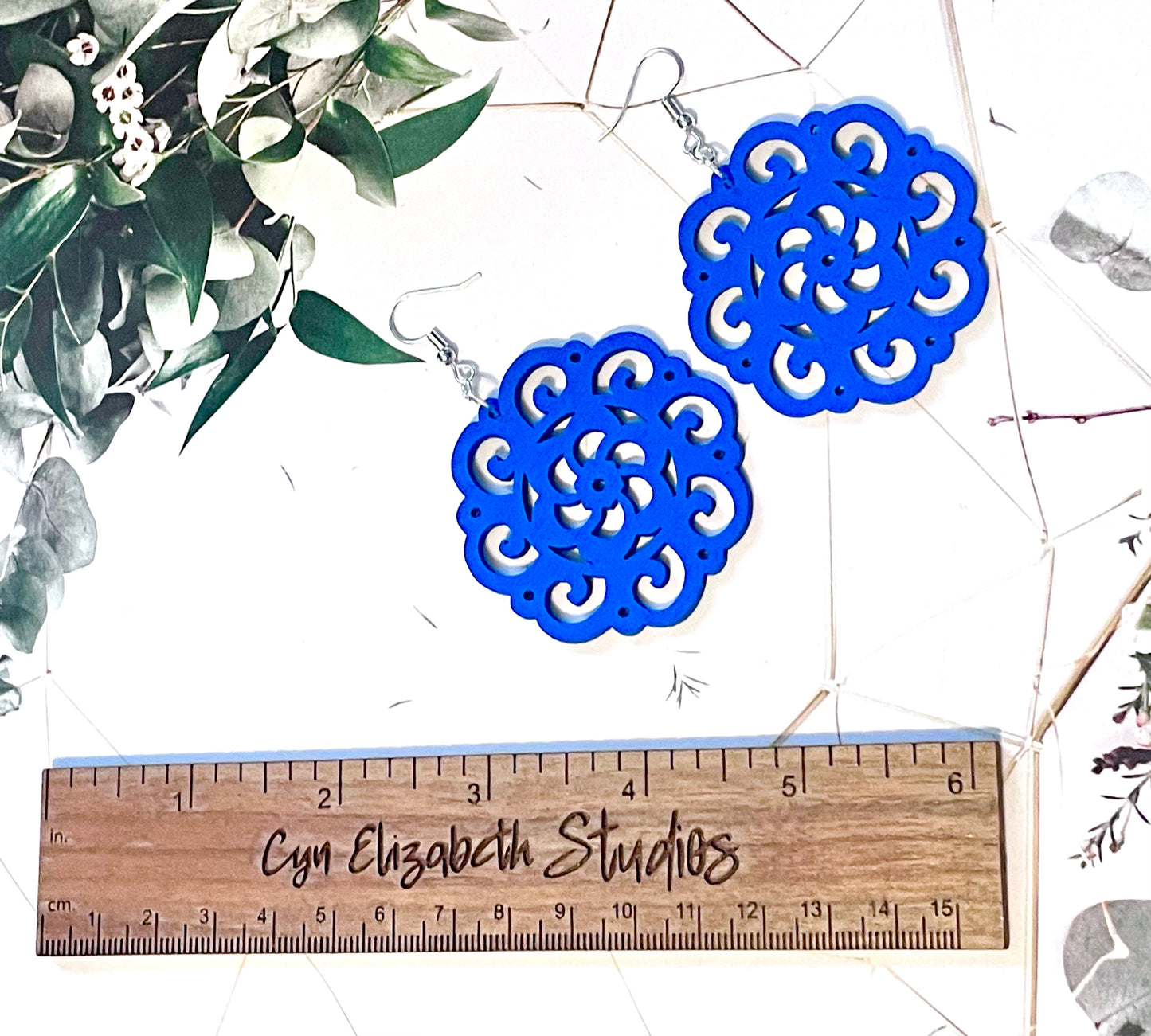 Blue Wood Cutout Earrings