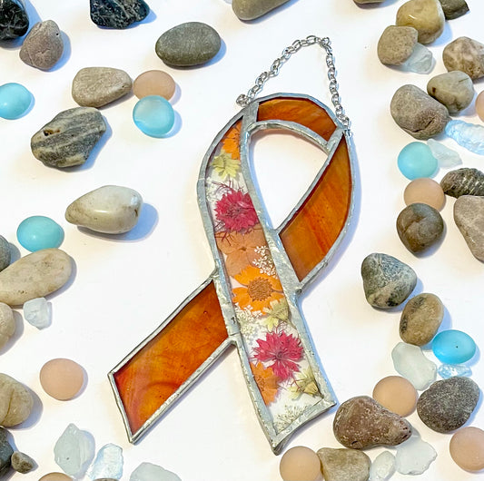 Orange Ribbon Stained Glass with Flower Inlay