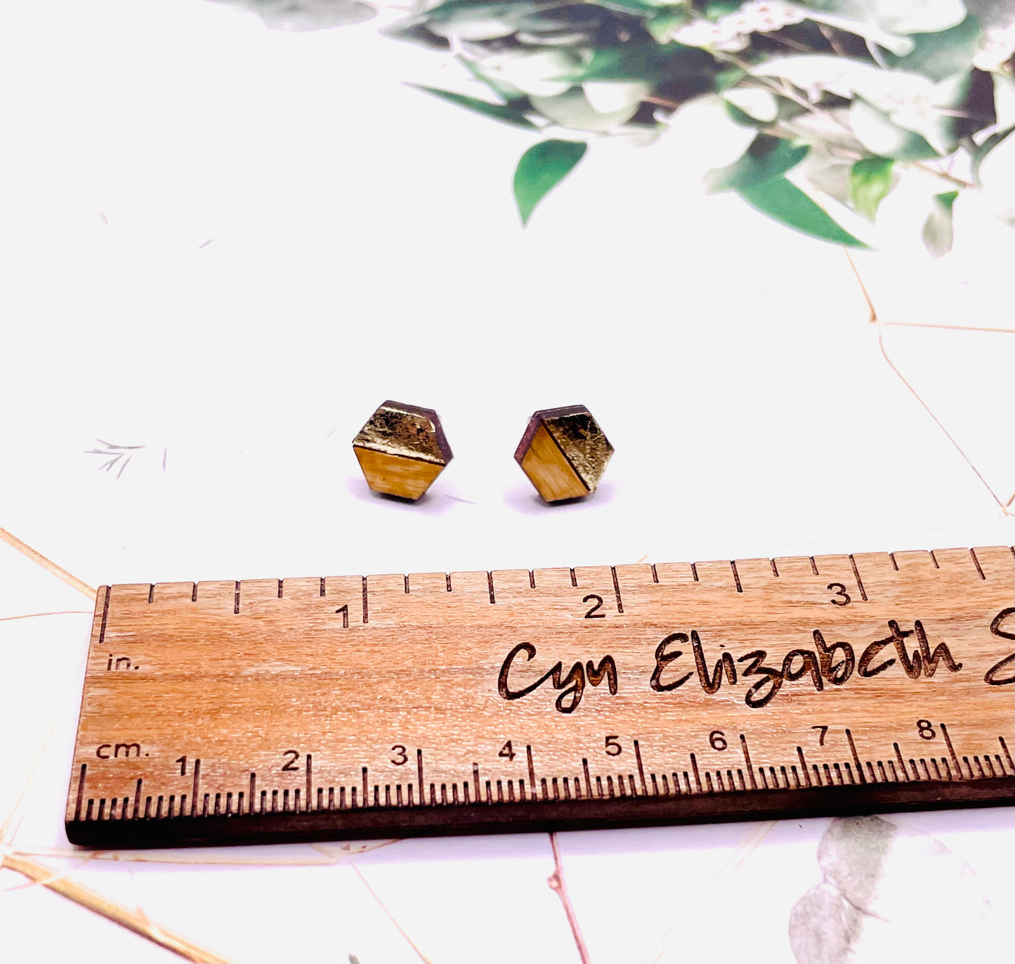 Wood and Gold Leaf Hexagon Stud Earrings