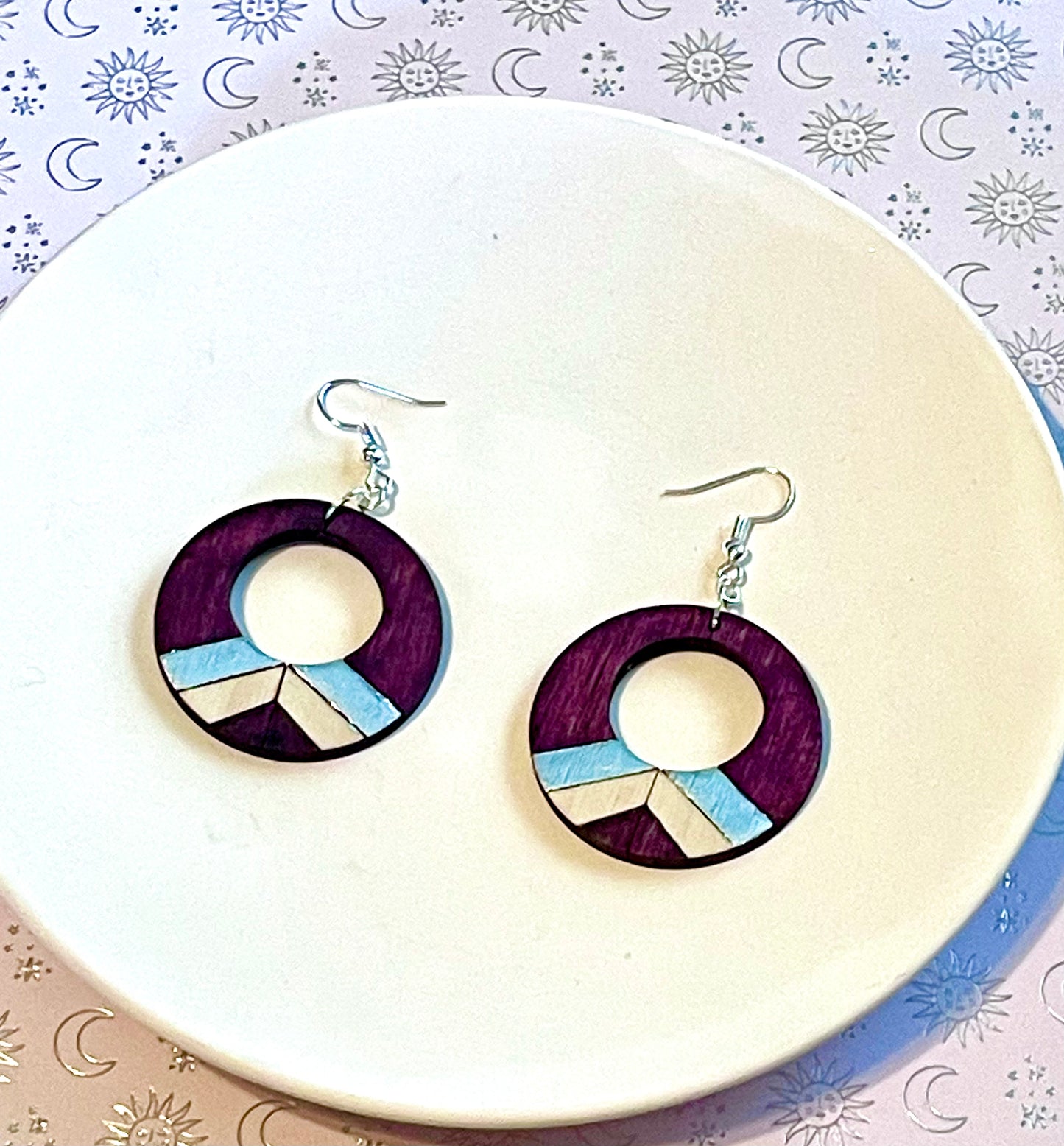 Round Patterned Silver Leaf and Wood Earrings