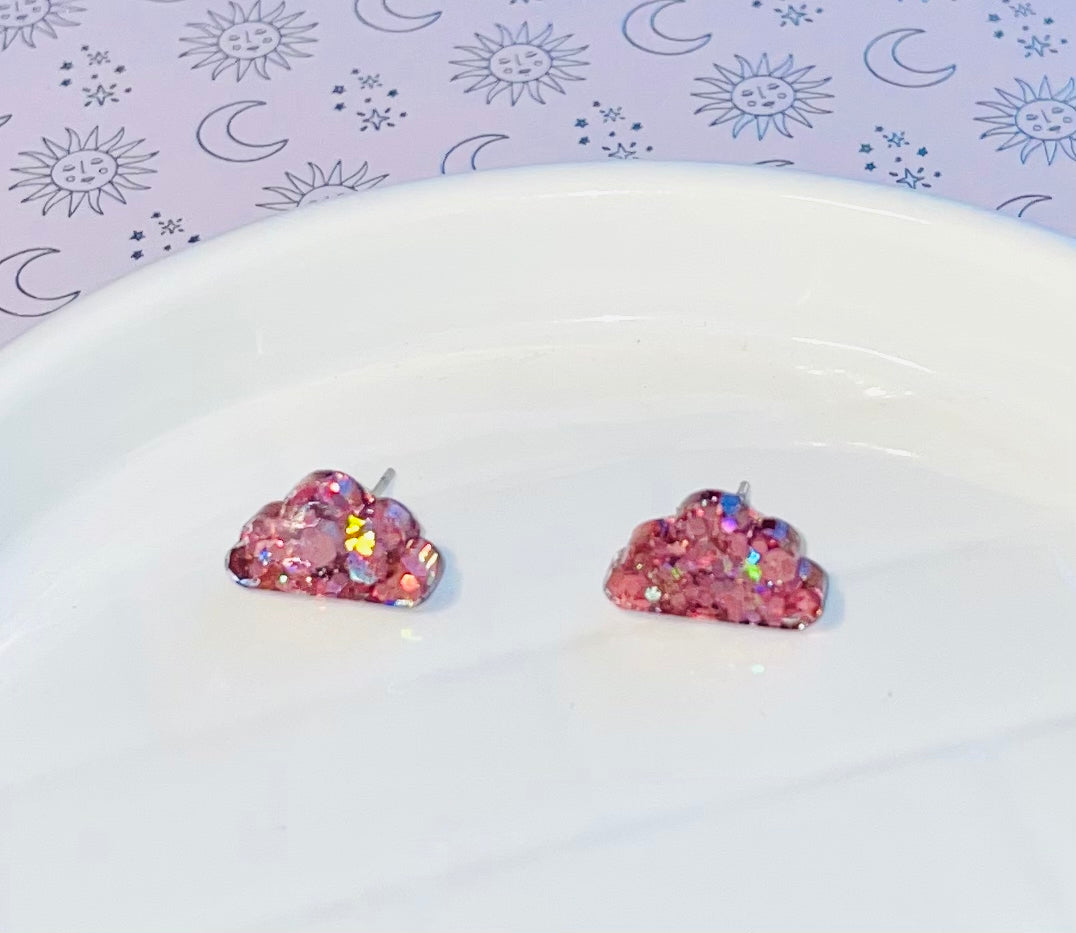 Pink Cloud Glitter Stud Earrings