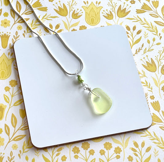 Lime Colored Sea Glass Necklace with Pearl