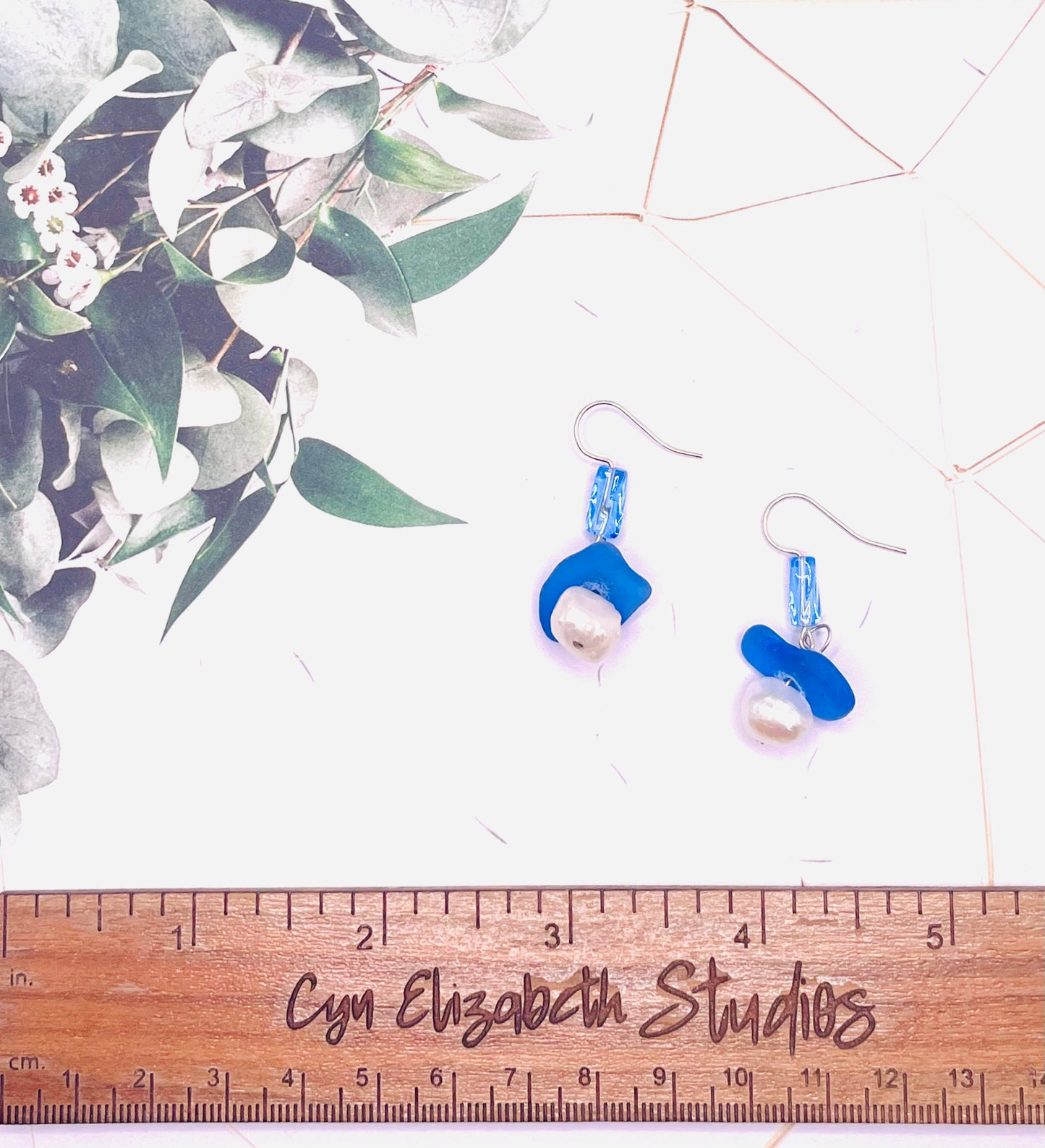 Cornflower Blue Sea Glass and Pearl Earrings