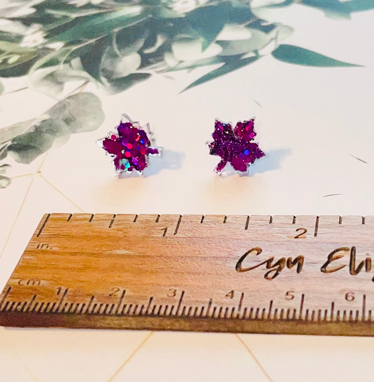 Magenta Leaf Glitter Stud Earrings