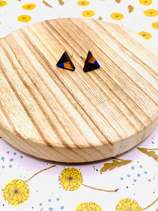 Copper and Wood Triangle Stud Earrings