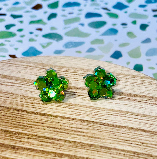 Green Flower Glitter Stud Earrings