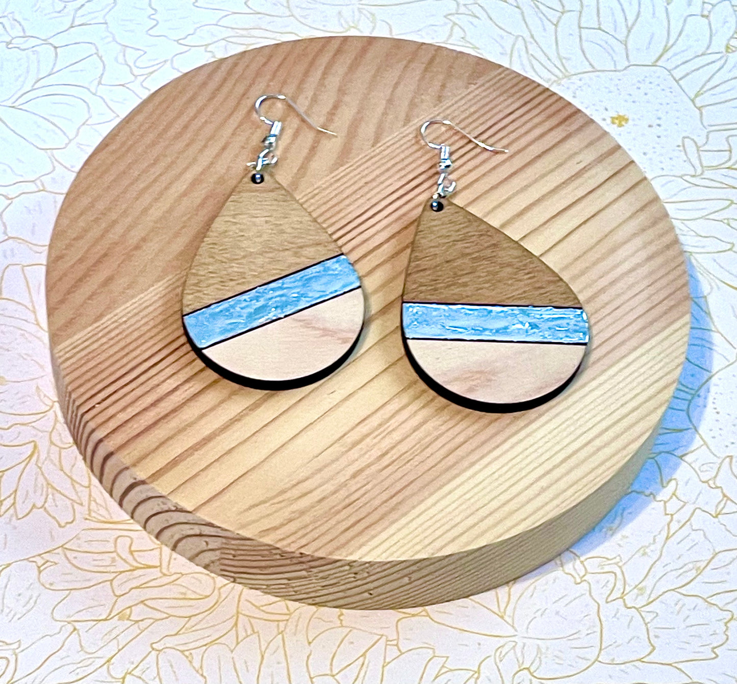 Silver Leaf Stripe Wood Earrings