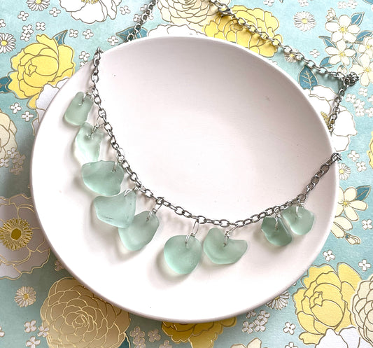 Aqua Blue Sea Glass “Lucky 9” Statement Necklace