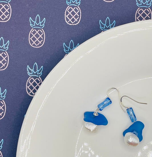 Cornflower Blue Sea Glass and Pearl Earrings