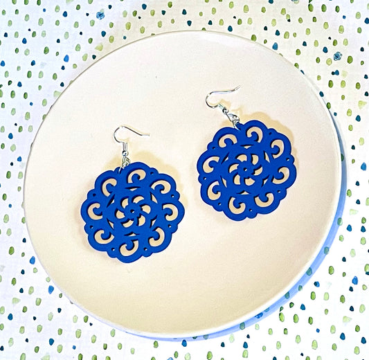 Blue Wood Cutout Earrings