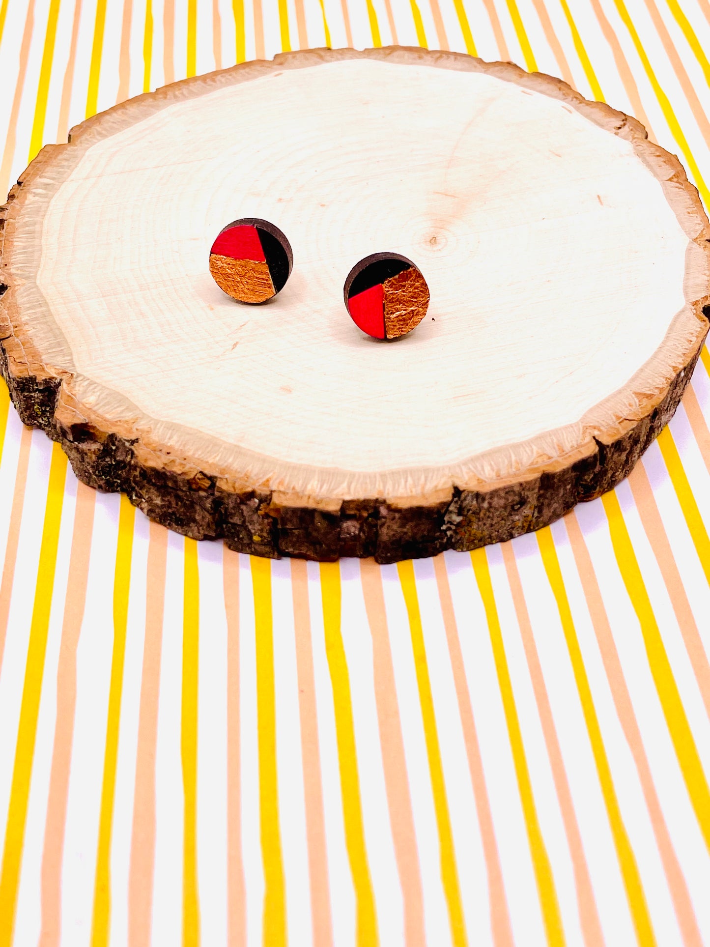 Pink and Copper Wood Stud Earrings