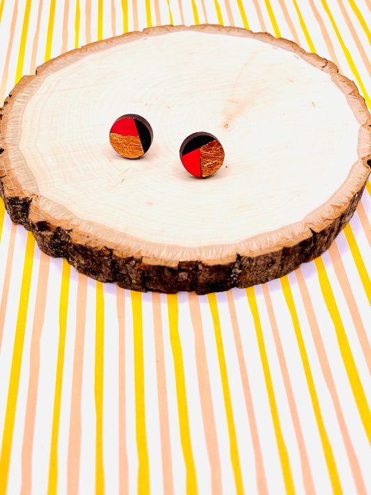 Pink and Copper Wood Stud Earrings