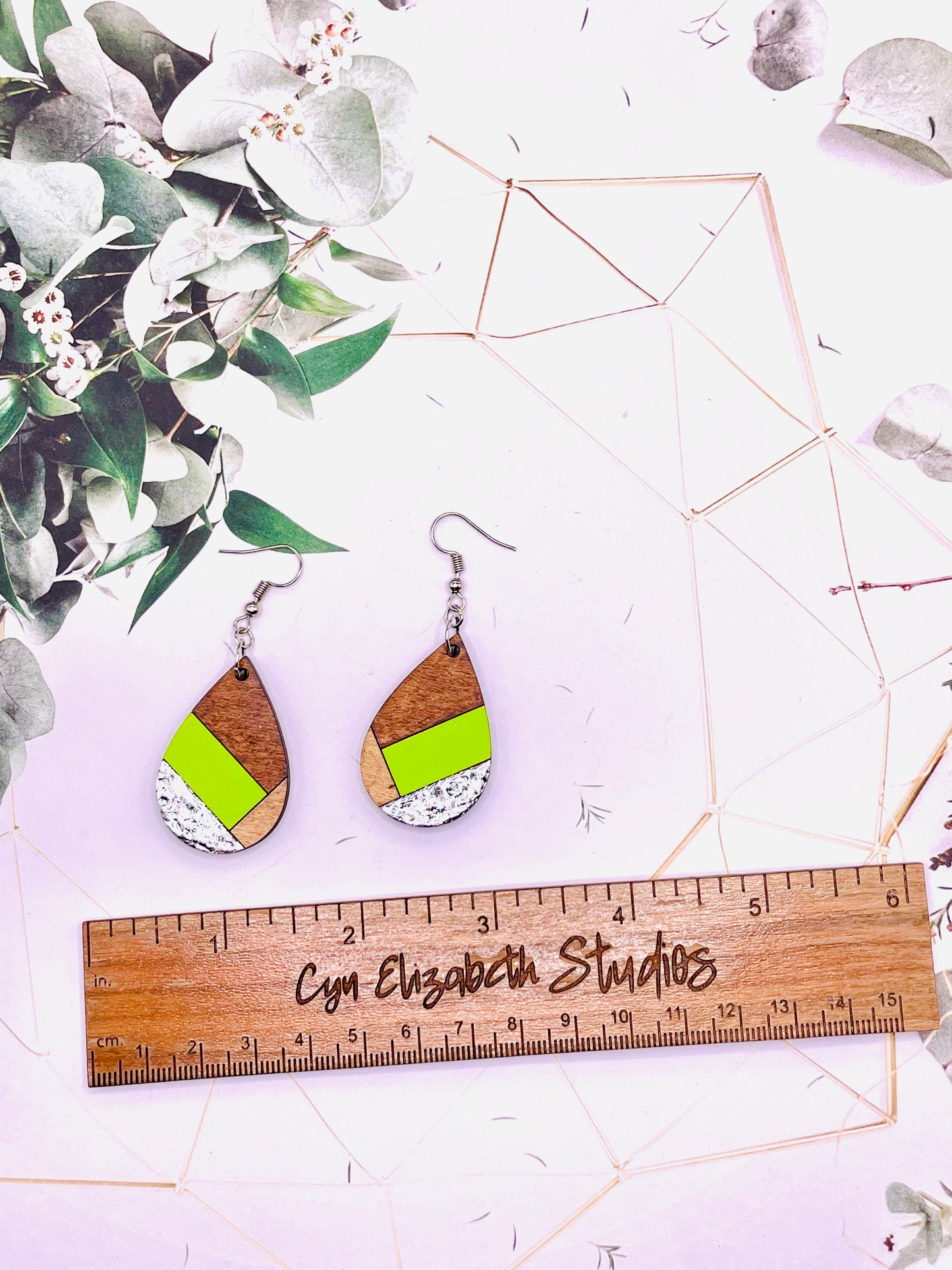 Green and Sliver Modern Wooden Earrings