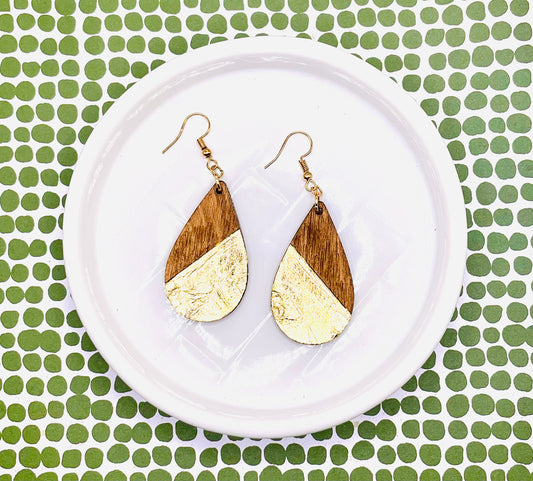 Gold Leaf and Wood Earrings