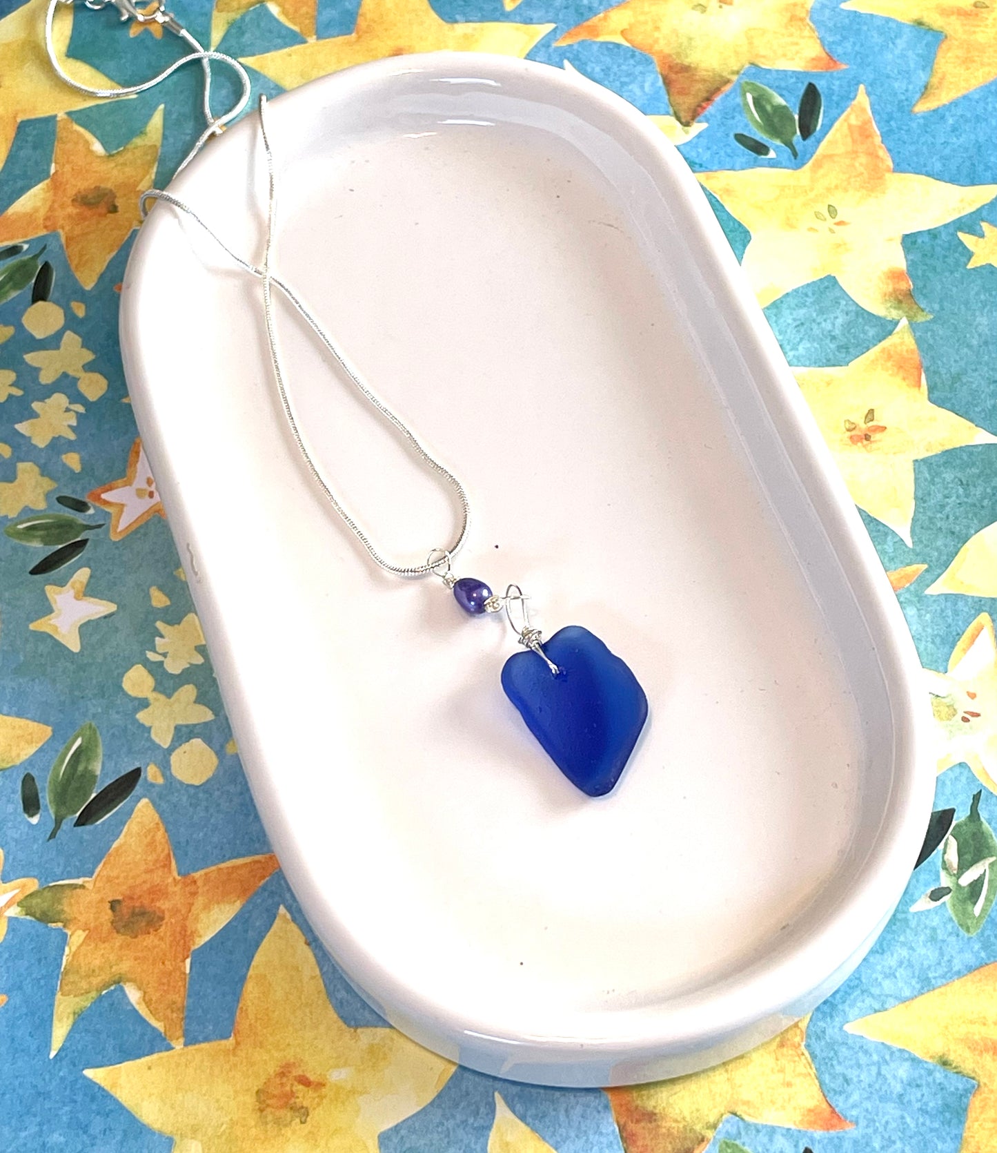 Cobalt Blue Sea Glass and Pearl Necklace