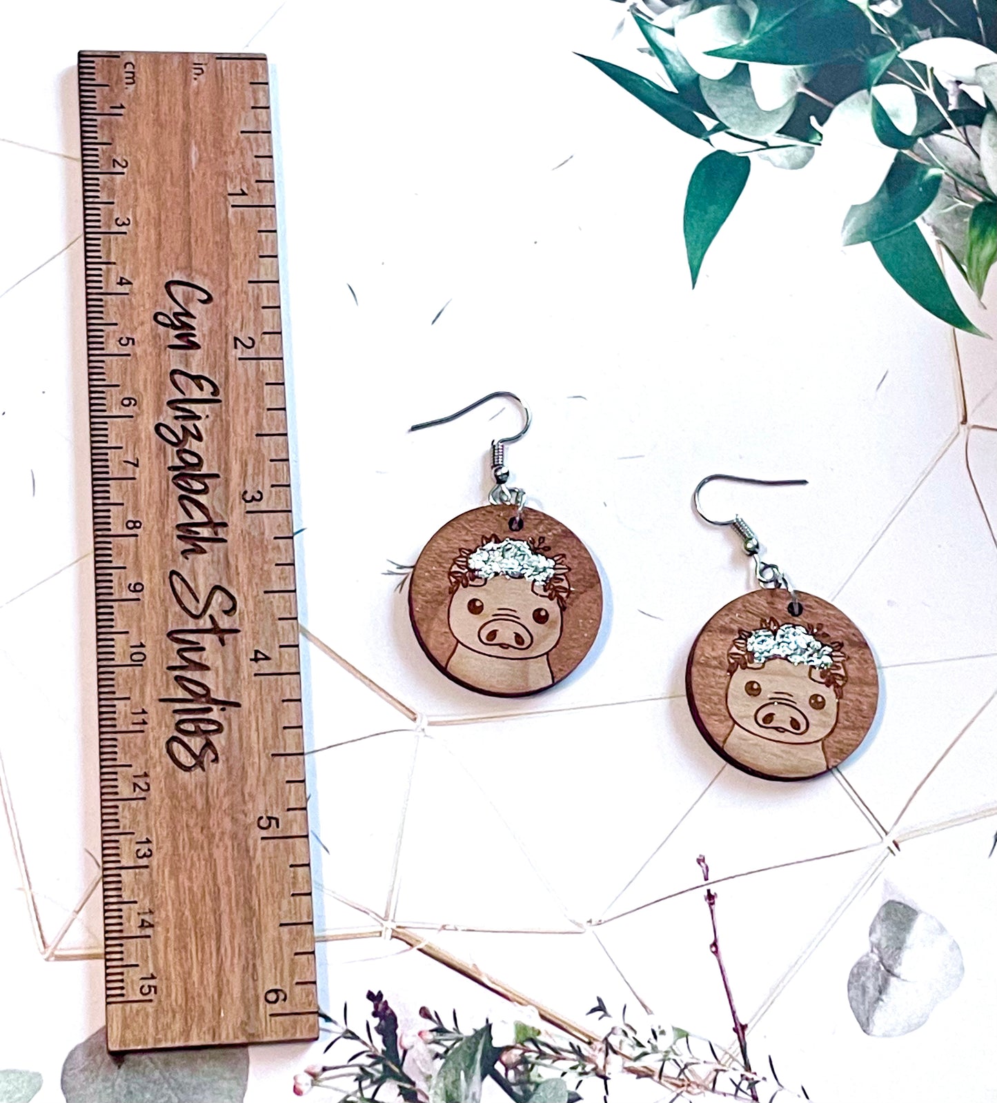 Pig with Flower Crown Wood Earrings