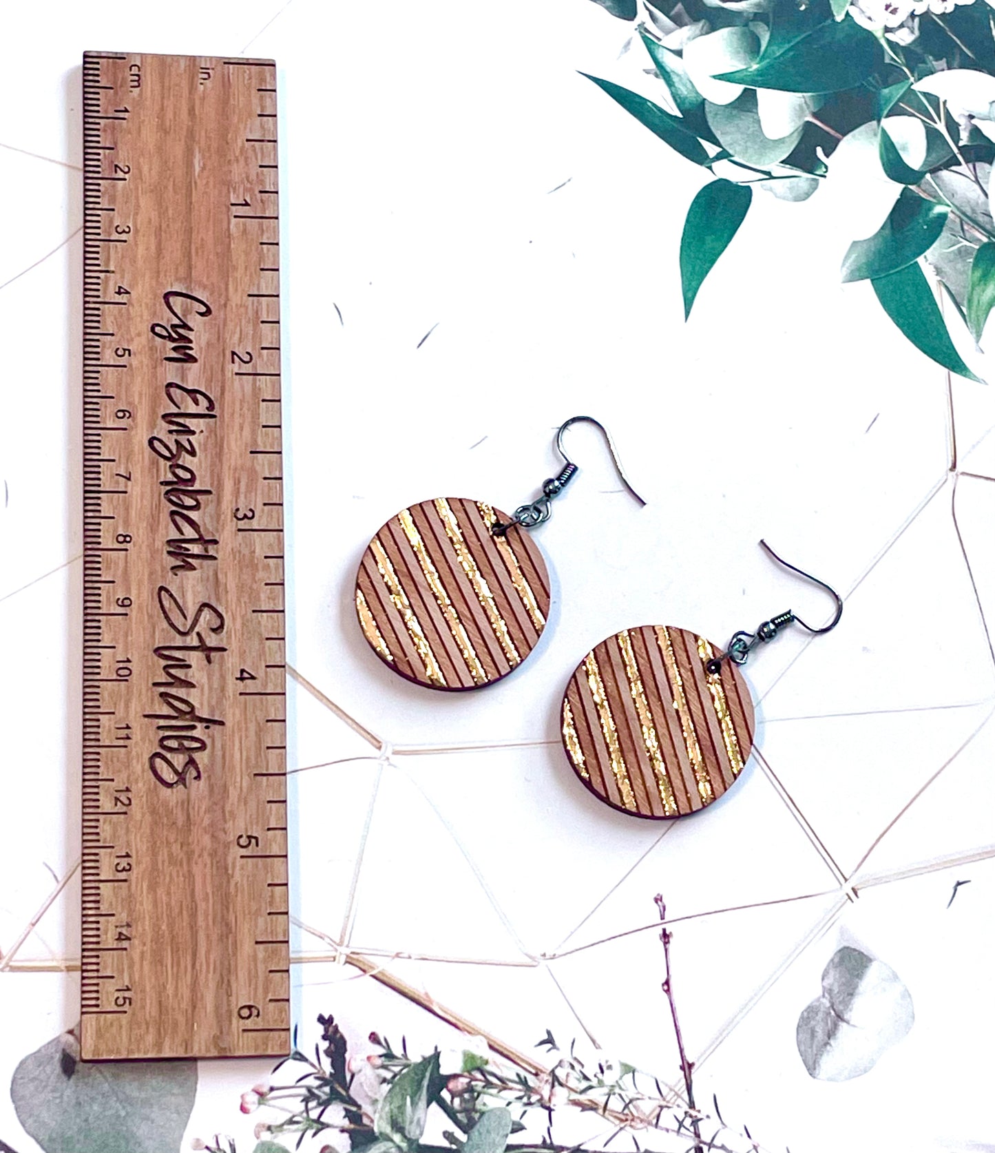 Striped Gold Leaf and Wood Earrings