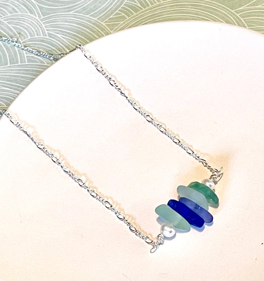Blue Sea Glass Mini Bar Necklace