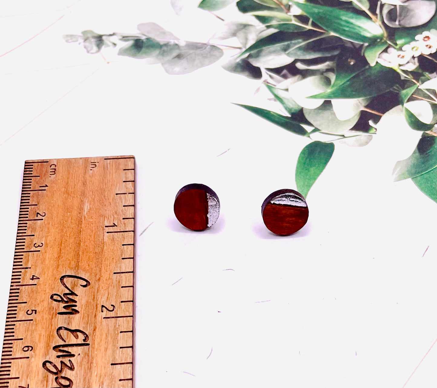 Silver and Wood Stud Earrings