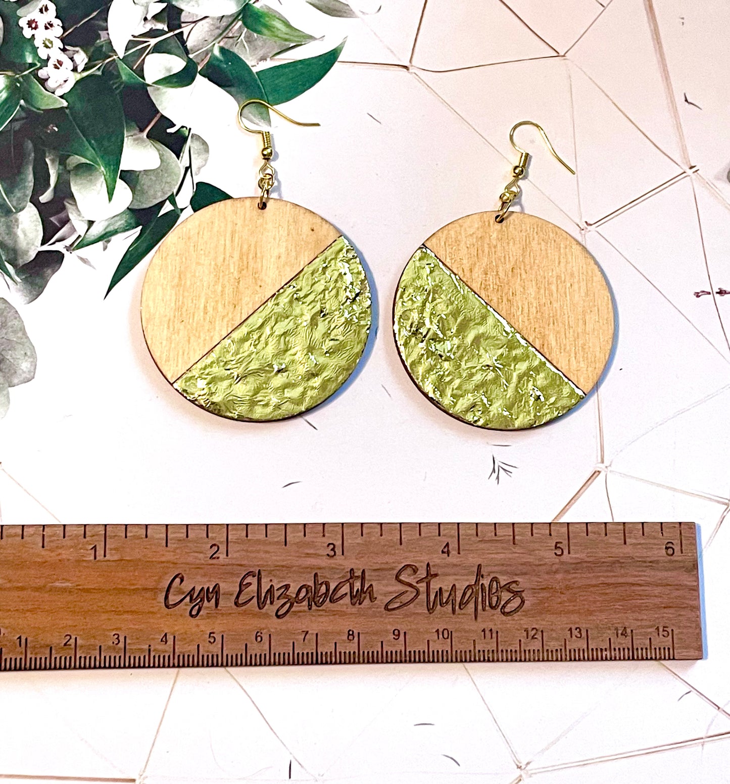 Round Gold Leaf Wood Earrings