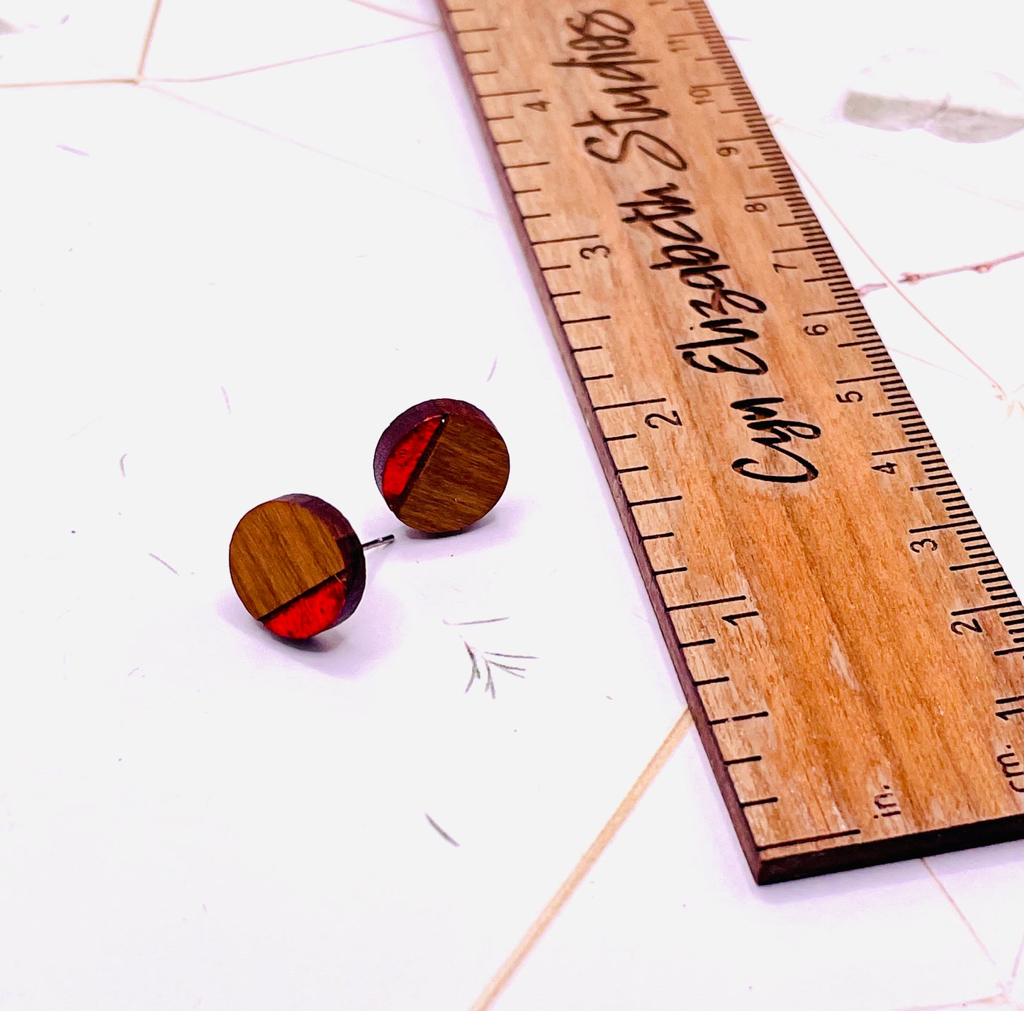 Round Red Leaf and Wood Stud Earrings