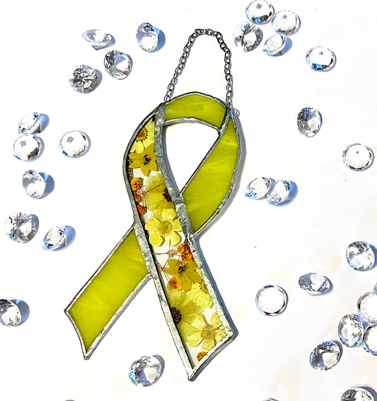 Stained Glass Yellow Awareness Ribbon with Flower Inlay