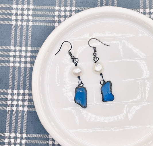 Pearl and Cornflower Blue Sea Glass Earrings