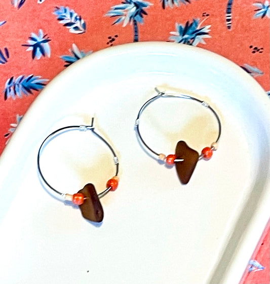 Brown Sea Glass Hoop Earrings