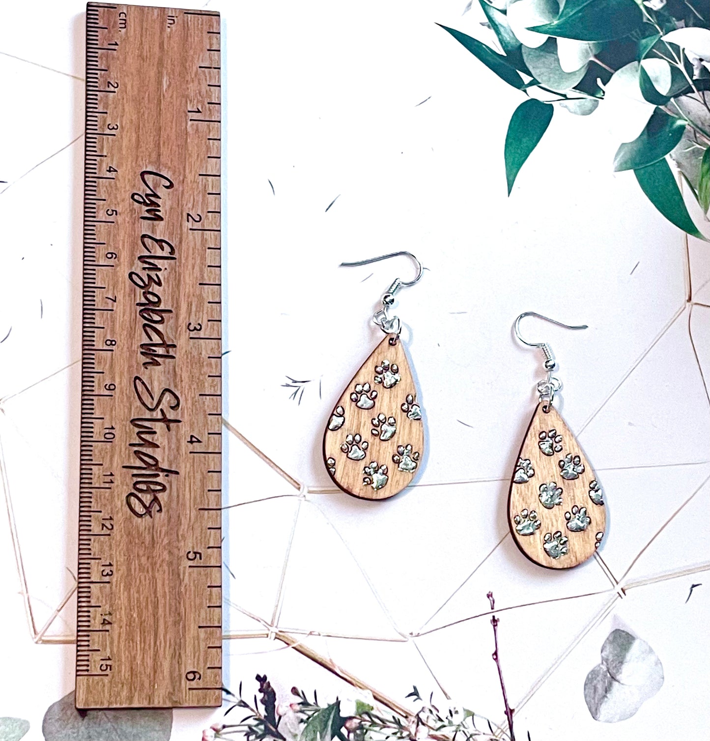 Silver Leaf Paw Print Wood Earrings