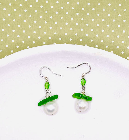 Pearl and Green Sea Glass Earrings