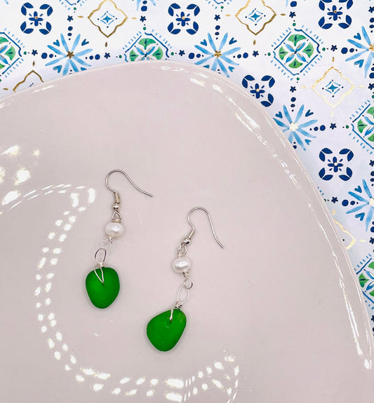 Green Sea Glass and Pearl Earrings