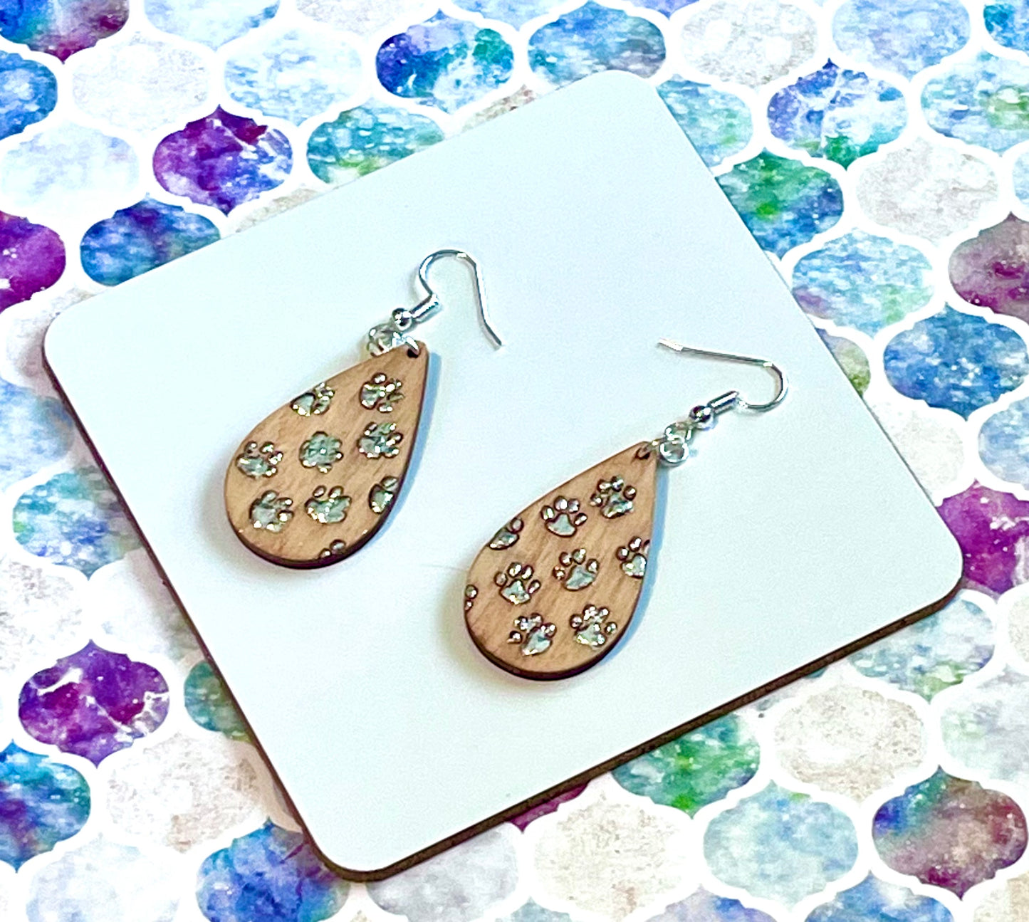 Silver Leaf Paw Print Wood Earrings