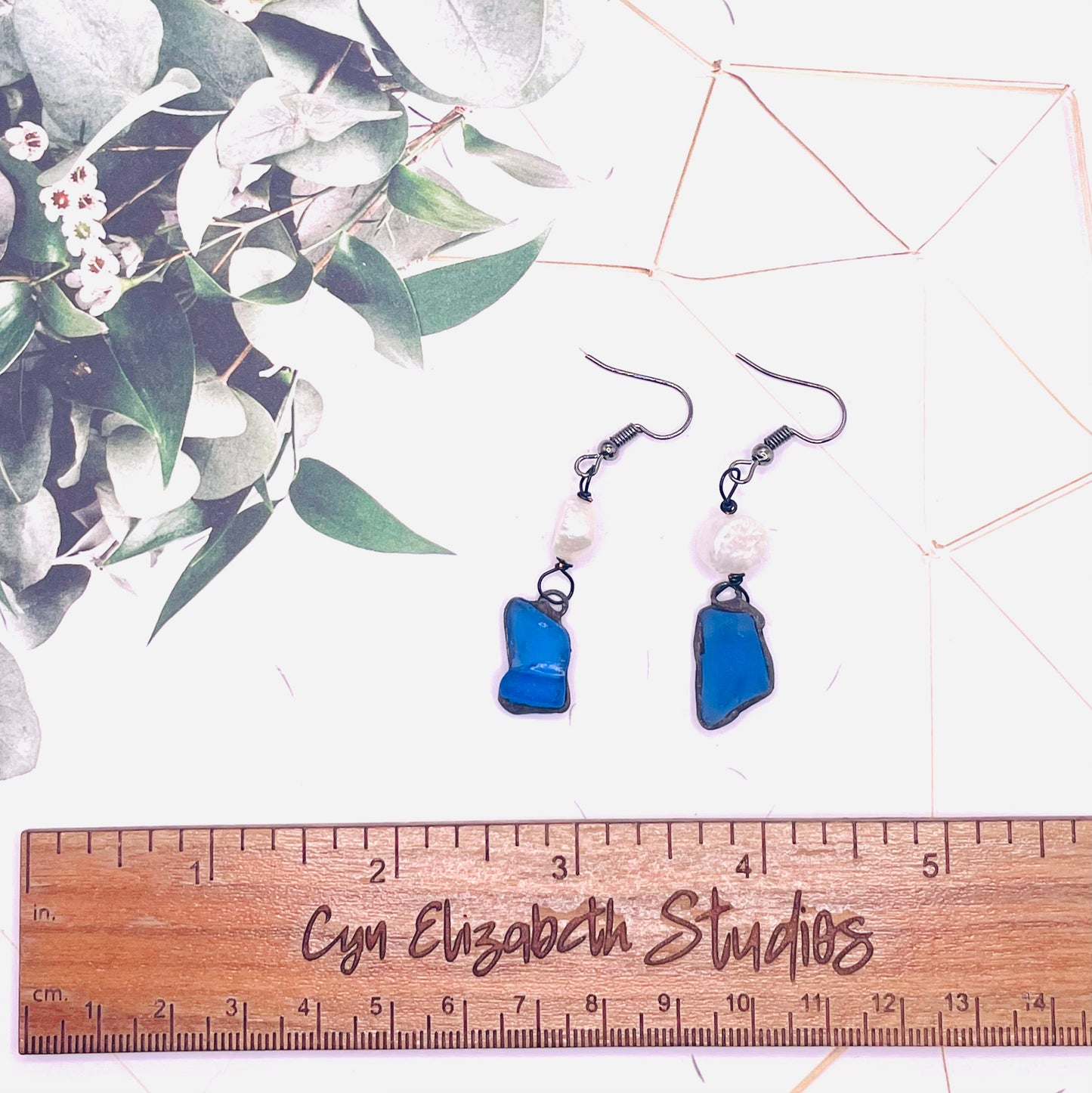 Pearl and Cornflower Blue Sea Glass Earrings