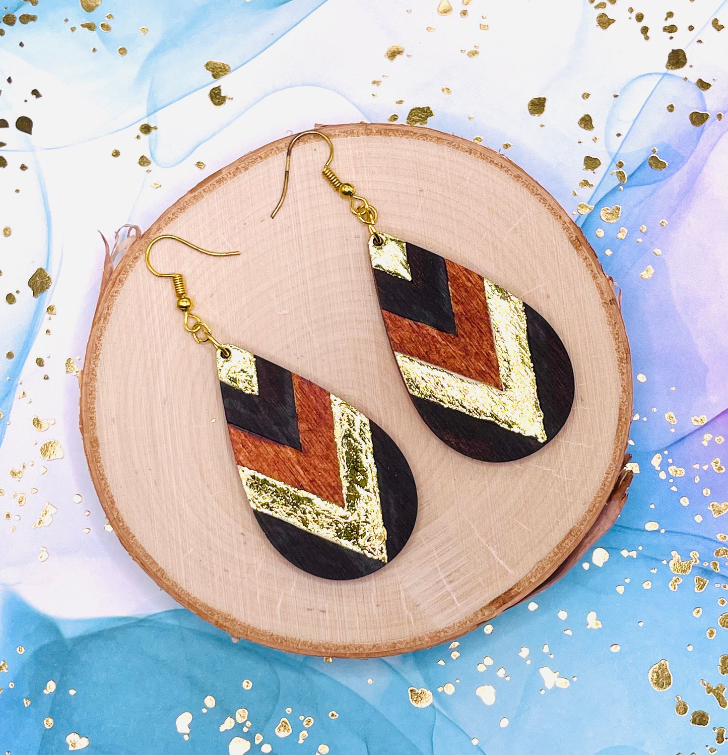 Wood and Gold Leaf Chevron Wood Earrings