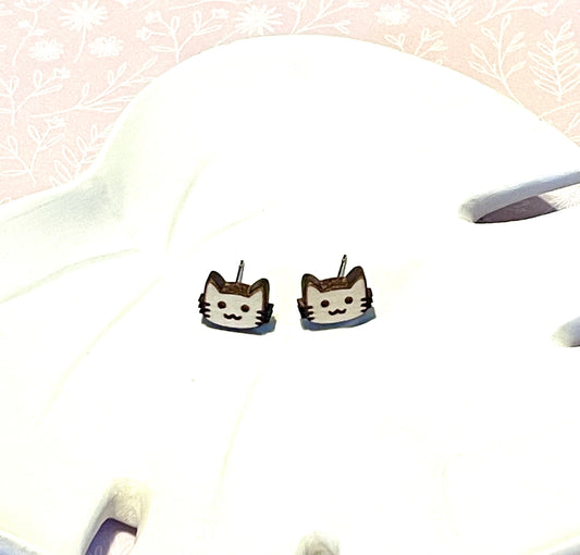 Cat Wood Stud Earrings