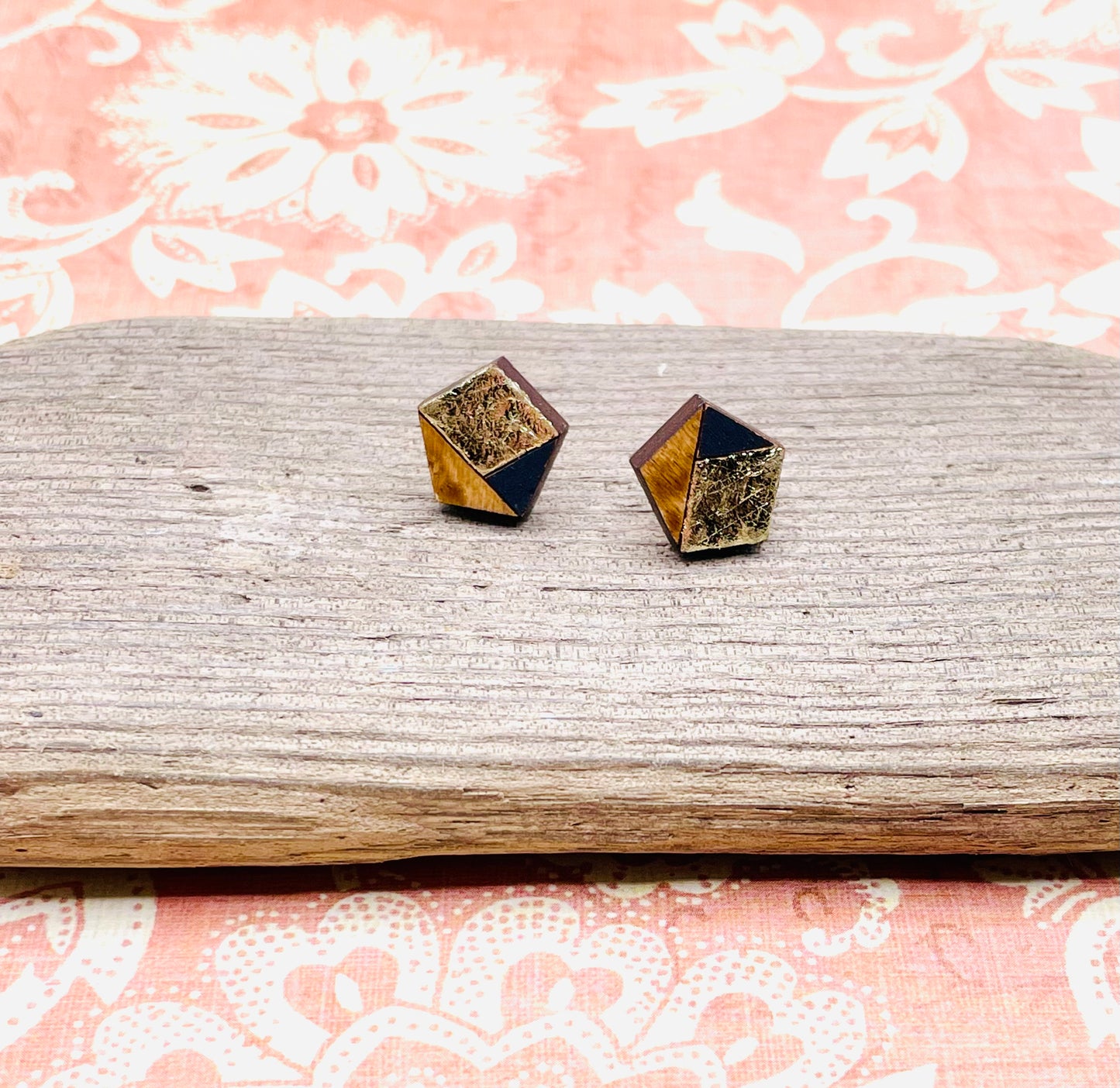 Gold Leaf Pentagon Wood Stud Earrings