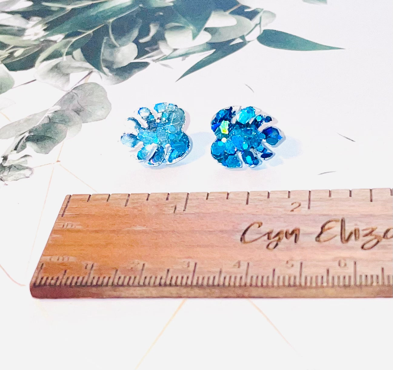 Blue Leaf Glitter Stud Earrings