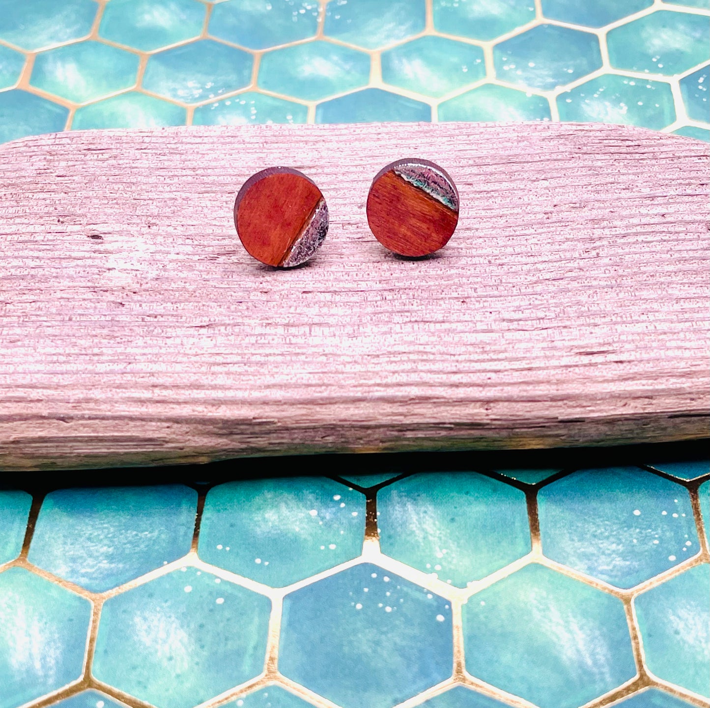 Silver and Wood Stud Earrings